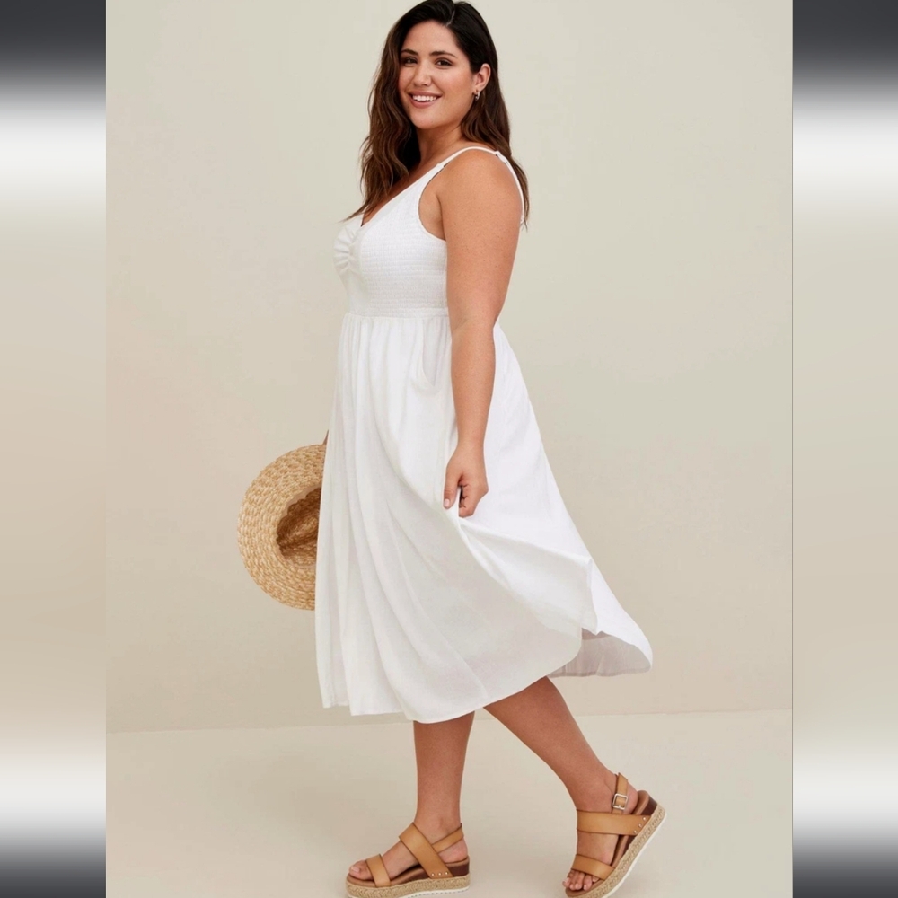 Torrid White Smocked Midi Dress, size 4